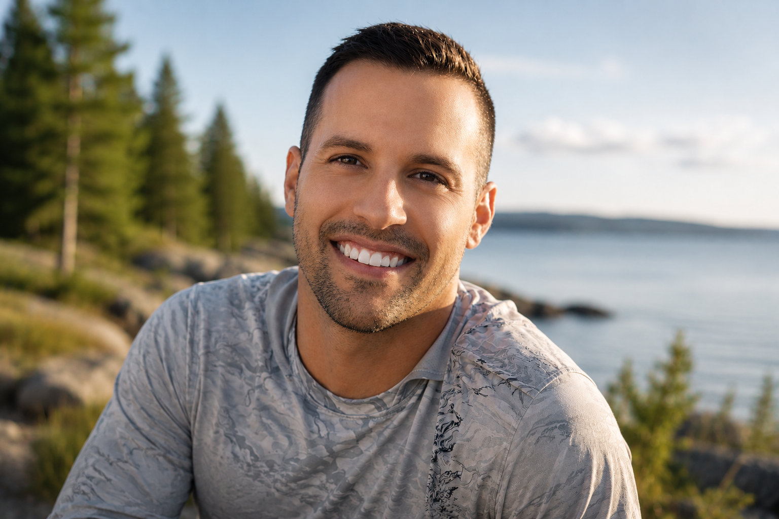 Austin Belanger outdoors near the water